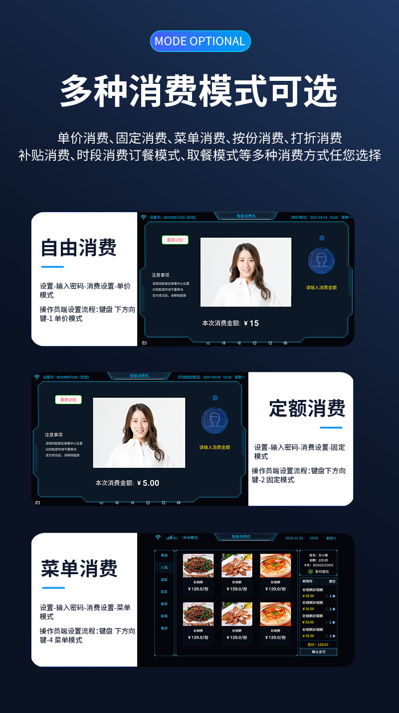 多種消費(fèi)模式,滿足您的各種需求,單價(jià)消費(fèi)、固定消費(fèi)、菜單消費(fèi)、按份消費(fèi)、打折消費(fèi)、補(bǔ)貼消費(fèi)、時(shí)段消費(fèi)
