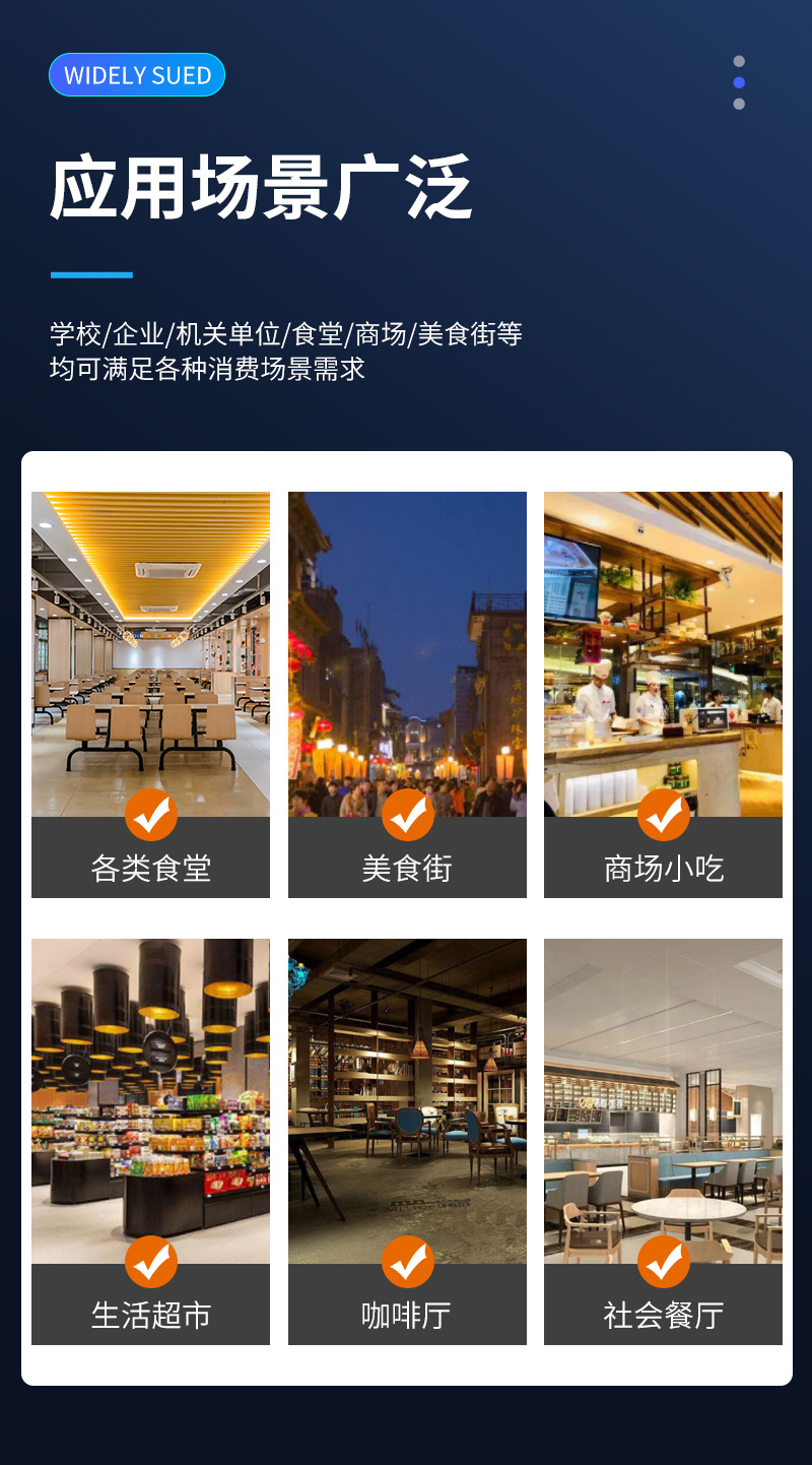 應(yīng)用場(chǎng)景廣泛,學(xué)校、企業(yè)、機(jī)關(guān)單位、食堂、商場(chǎng)、美食街等,均可滿足各類消費(fèi)場(chǎng)景需求
