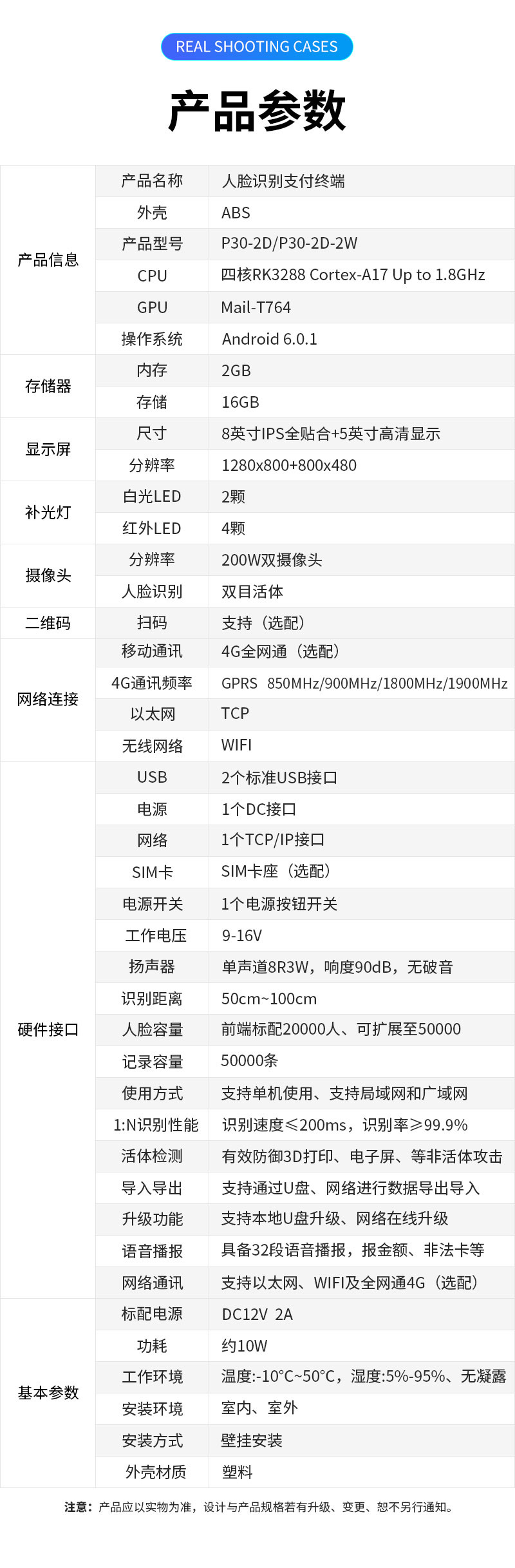 產(chǎn)品參數(shù),產(chǎn)品名稱：人臉識(shí)別支付終端,外殼：ABS塑料,產(chǎn)品型號(hào)：P30-2D/P30-2D-2W,CPU：四核RK3288 Cortex-A17 Up to 1.8GHz,GPU：Mail-T764,操作系統(tǒng)：Android 6.0.1,內(nèi)存：2GB,存儲(chǔ)：16GB,顯示屏尺寸：8英寸IPS全貼合＋5英寸高清顯示,分辨率：1280×800＋800×480,補(bǔ)光燈:白光LED2顆,紅外LED	4顆,攝像頭分辨率：200W雙目攝像頭,人臉識(shí)別：雙目活體，二維碼：掃碼支持（選配）,網(wǎng)絡(luò)連接移動(dòng)通訊：4G全網(wǎng)通（選配）,4G通訊頻率：GPRS?850MHz?/900MHz?/1800MHz?/1900MHz,以太網(wǎng)：TCP,無線網(wǎng)絡(luò)：WIFI,硬件接口USB：2個(gè)標(biāo)準(zhǔn)USB接口,電源：1個(gè)DC接口,網(wǎng)絡(luò)：1個(gè)TCP/IP接口,SIM卡:SIM卡座（選配）,電源開關(guān)：1個(gè)電源按鈕開關(guān),工作電壓：9-16V,揚(yáng)聲器：單聲道8R3W，響度90dB，無破音,識(shí)別距離：50cm～100cm ,人臉容量：前端標(biāo)配20000人、可擴(kuò)展至50000，支持超大容量后端識(shí)別,記錄容量：50000條,使用方式：支持單機(jī)使用、支持局域網(wǎng)和廣域網(wǎng),1:N識(shí)別性能：識(shí)別速度≤200mS，識(shí)別率≥99.9%,活體檢測(cè)：有效防御3D打印、電子屏、視頻、圖片、面具等非活體攻擊,導(dǎo)入導(dǎo)出：支持通過U盤、網(wǎng)絡(luò)進(jìn)行數(shù)據(jù)及參數(shù)導(dǎo)入導(dǎo)出,升級(jí)功能：支持本地U盤升級(jí)、網(wǎng)絡(luò)在線升級(jí),語音播報(bào)：具備32段語音播報(bào)，報(bào)金額，報(bào)限次，報(bào)非法卡等,網(wǎng)絡(luò)通訊：支持以太網(wǎng)、WIFI及全網(wǎng)通4G（選配）, 基本參數(shù)標(biāo)配電源：DC12V 2A,功耗：約10W,工作環(huán)境：溫度：-10℃～50℃，濕度：5％-95％、無凝露,安裝環(huán)境：室內(nèi)、室外,安裝方式：壁掛安裝,外殼材質(zhì)：塑料,注意：產(chǎn)品應(yīng)以實(shí)物為準(zhǔn)，設(shè)計(jì)與產(chǎn)品規(guī)格若有升級(jí)、變更，恕不另行通知。