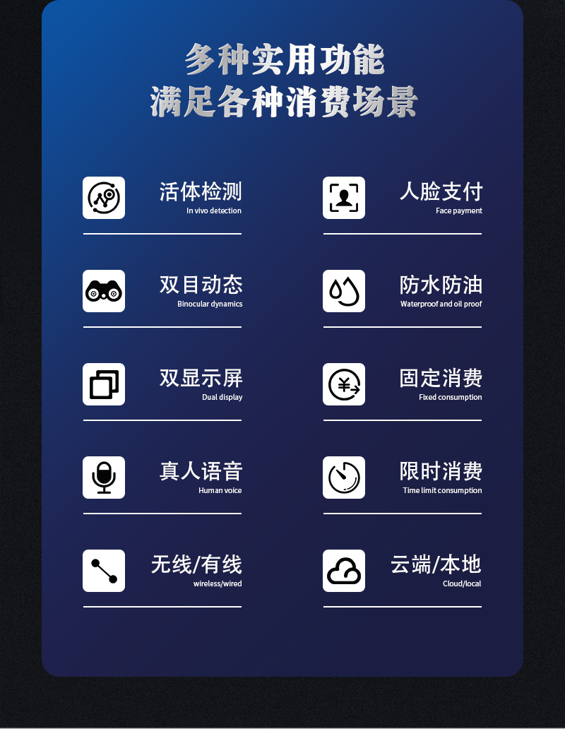 多種消費(fèi)實(shí)用功能，人臉支付、活體檢測(cè)、防水防油、固定消費(fèi)