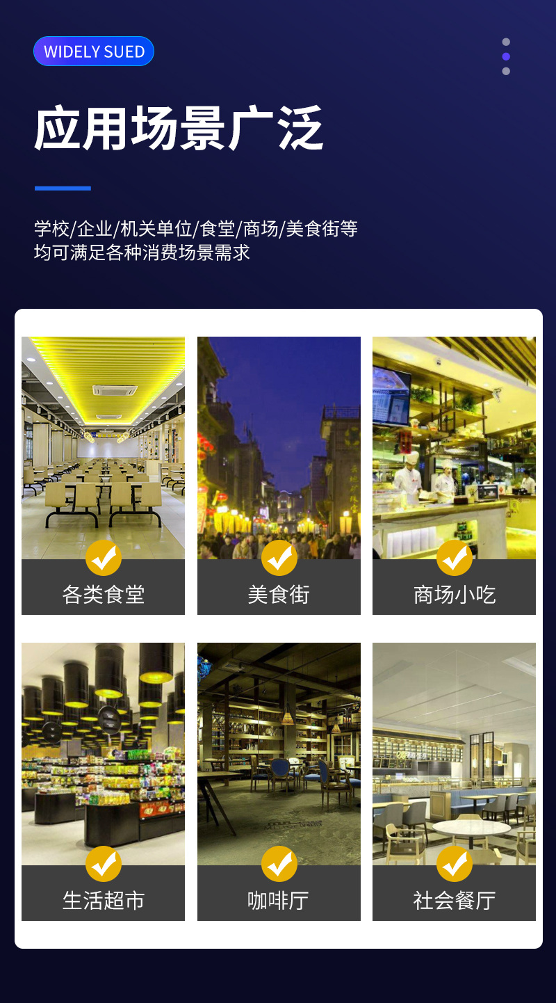 適用多種消費(fèi)場(chǎng)景，食堂、美食街、商場(chǎng)、超市、餐廳